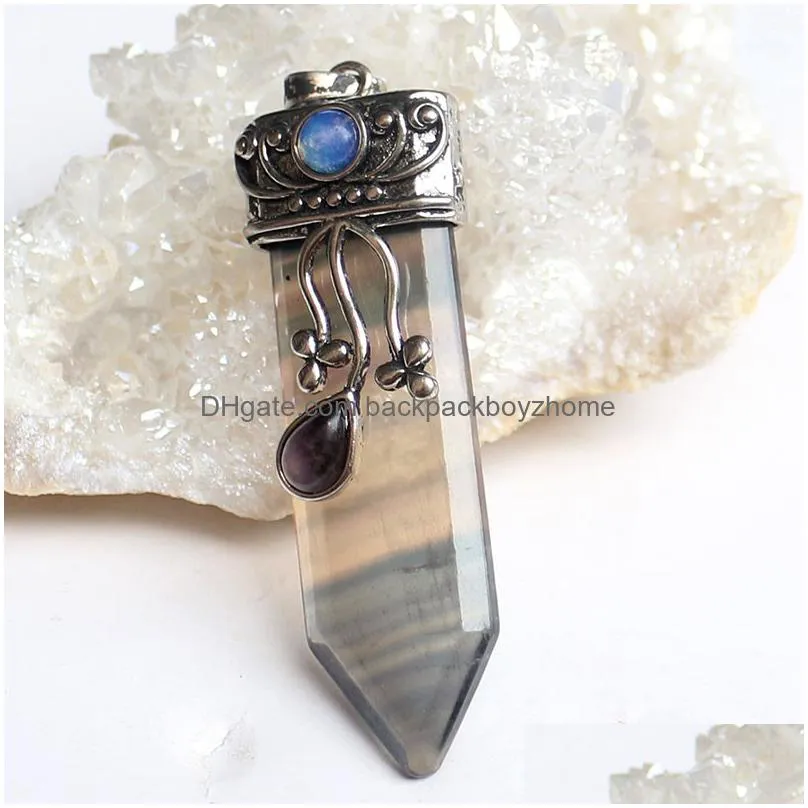 pendants wholesale- vintage opal stones fluorite labradorite pendant necklace natural quartz crystal healing women necklace1