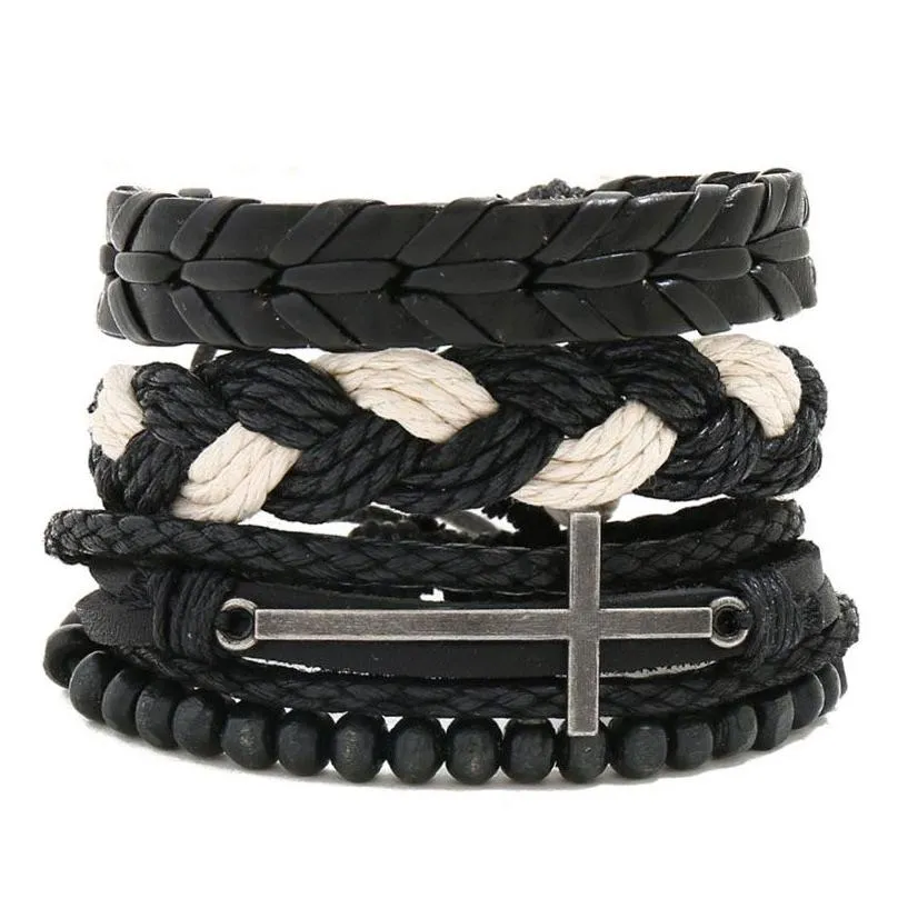 leather rope handmade braided multilayer cross charm bracelets set for men women punk adjustable bangle fashion jewelry