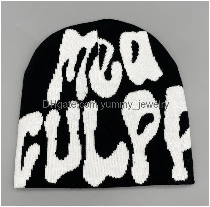 50pcs print berets 2023 knitting beanies hat for women paragraph quality caps for men fashion mea culpa y2k warm fashion hundred take cold for hats shipping wholesale