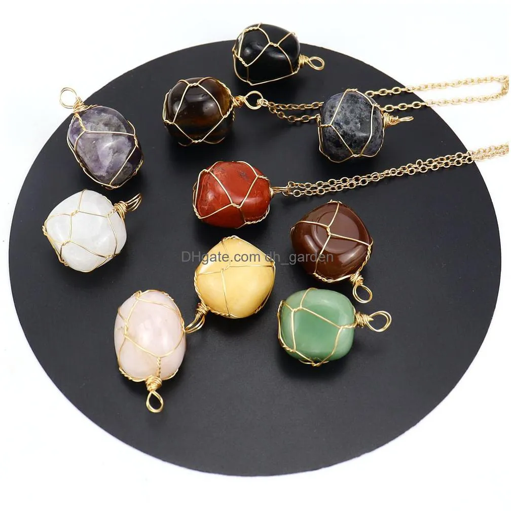 gold silver natural stone wire winding pendant irregular amethyst rose quartz crystal agate necklaces jewelry accessories