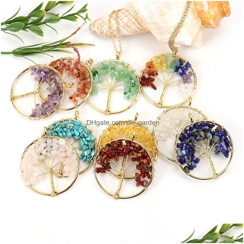 3 styles irregular chip stone crystal wire wrap tree of life pendant amethyst rose quartz chakra beads necklace for women jewelry