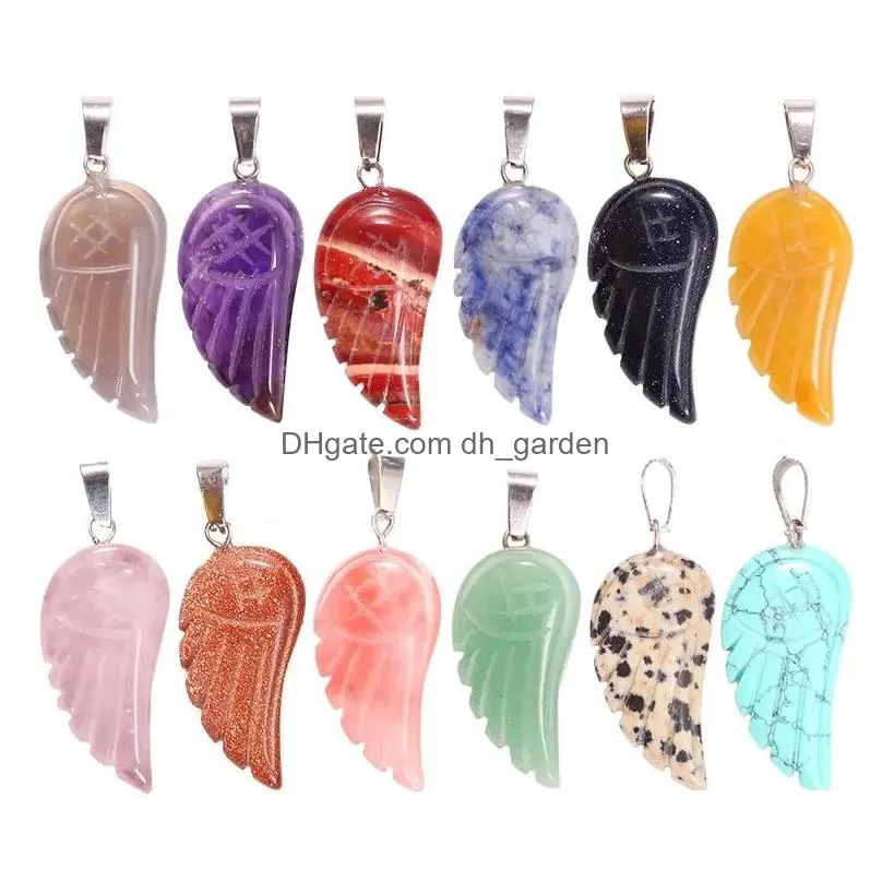 natural stone angel wing pendant healing reiki earring gemstone decor ornament for jewelry making diy wholesale 15x30mm