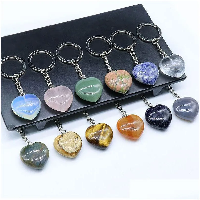 natural crystal stone heart shape pendant key rings energy keychains for women men lover valentines day jewelry bag car decor