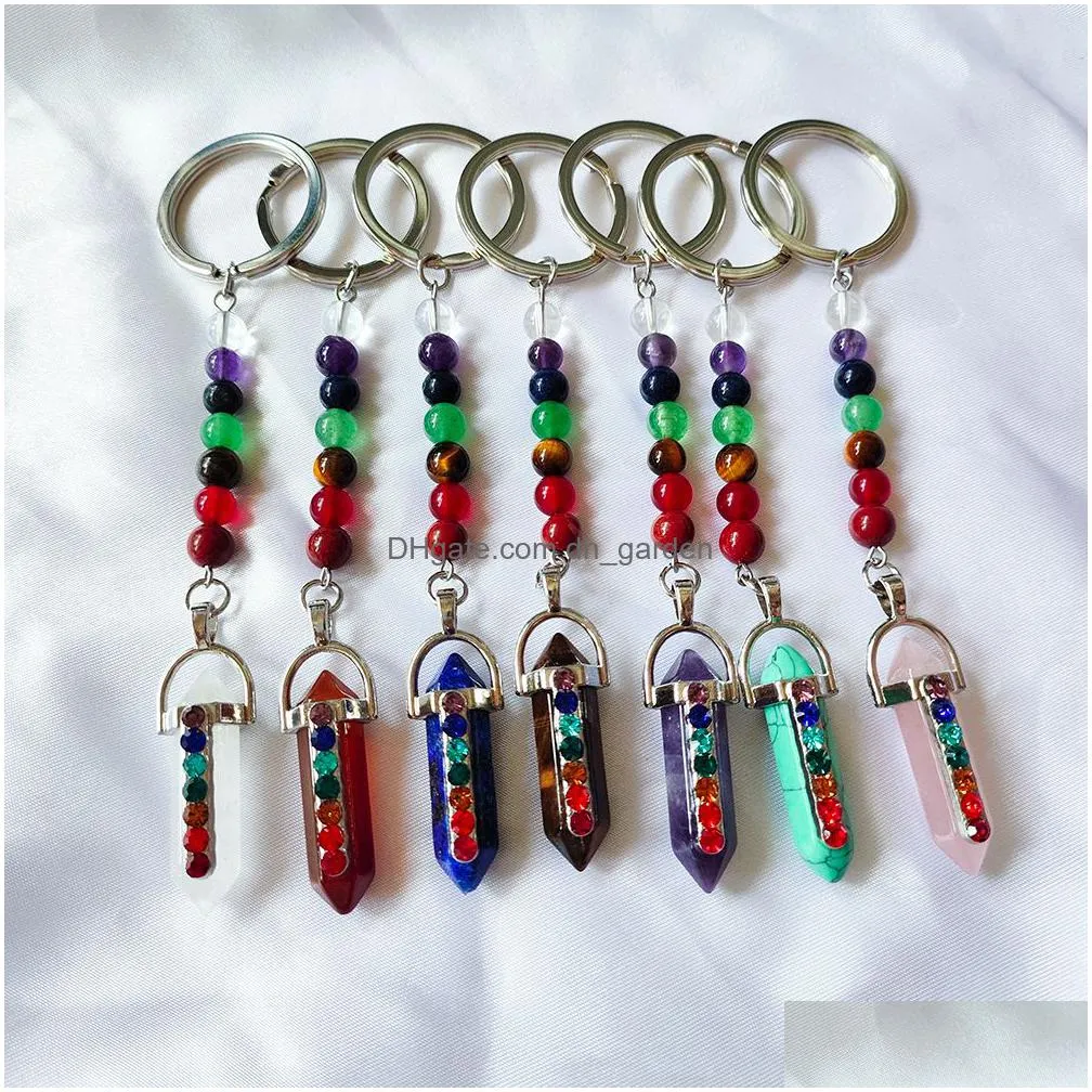 natural stone 7 chakra beads hexagon prism key rings chains keychains healing crystal keyrings for women men bulk