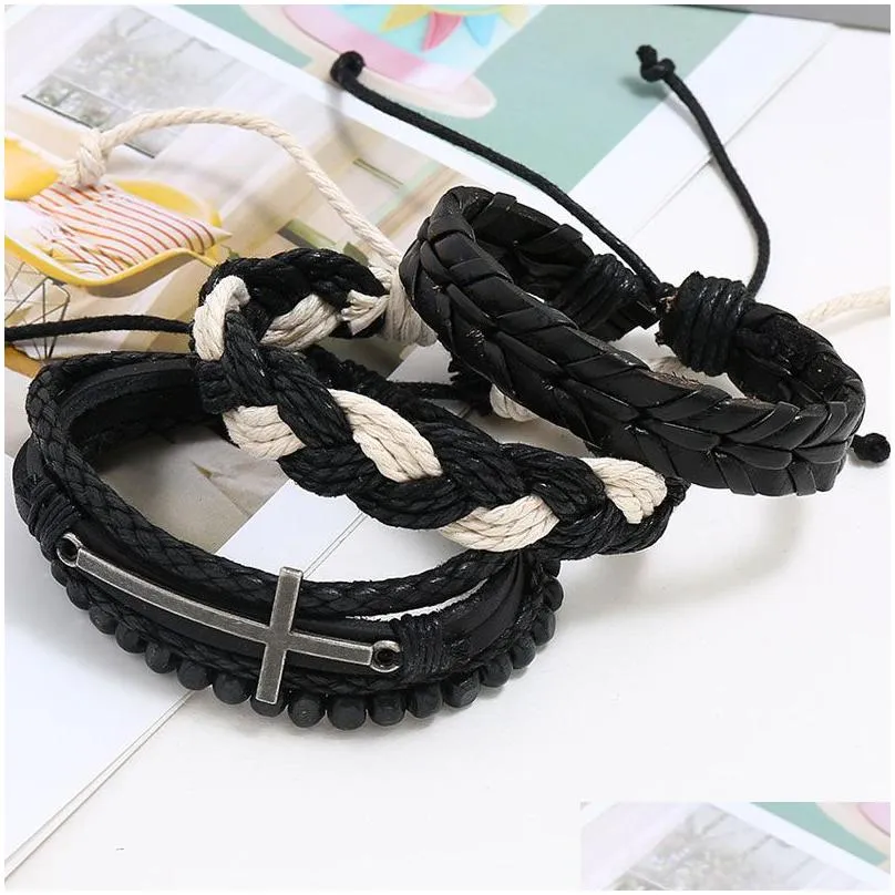 leather rope handmade braided multilayer cross charm bracelets set for men women punk adjustable bangle fashion jewelry