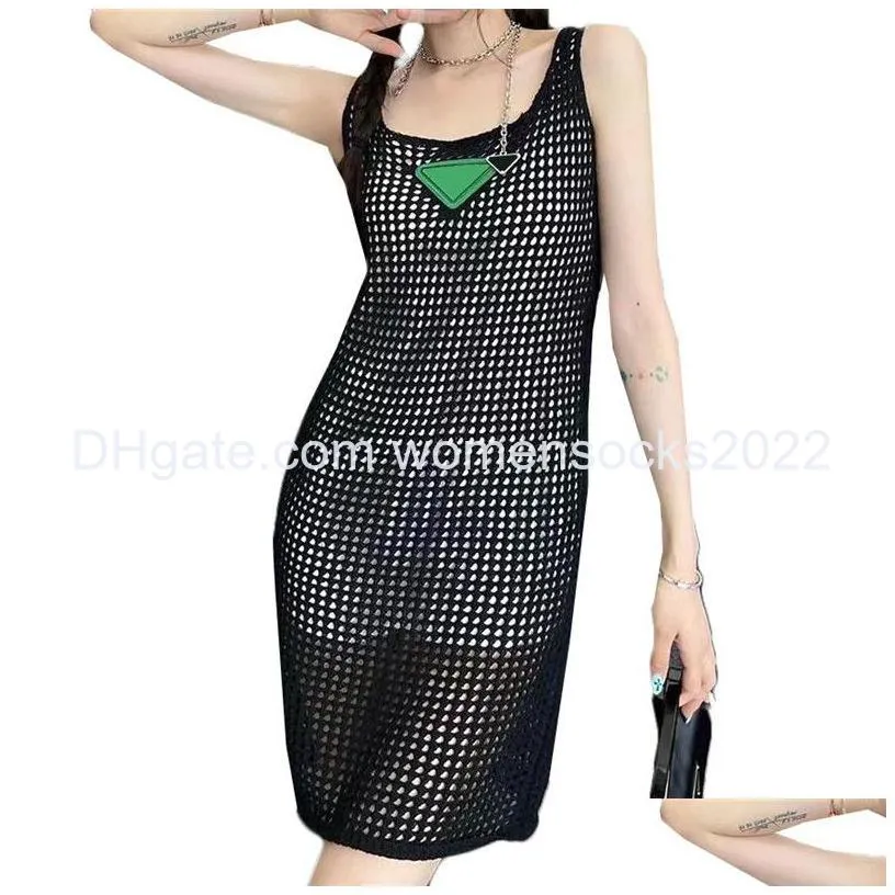 summer hollow out knit dresses triangle label decoration dress with lining women breathable designer sleeveless knitted dresses