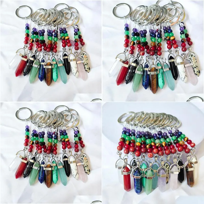 natural stone 7 chakra beads hexagon prism key rings chains keychains healing crystal keyrings for women men