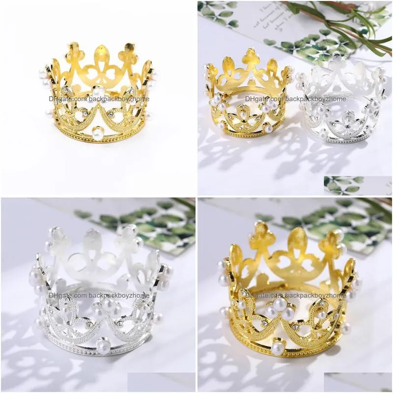 other event party supplies creative mini crown cake topper metal pearl happy birthday toppers wedding engagement decor sweet