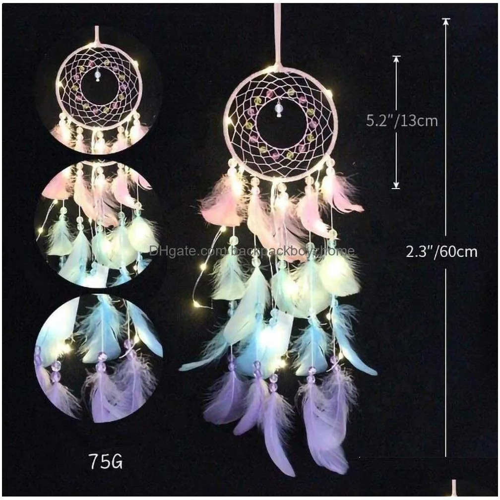 new double circle white feather dream catcher with led fairy light wall hanging decoration for bedroom tent ceiling wedding decor