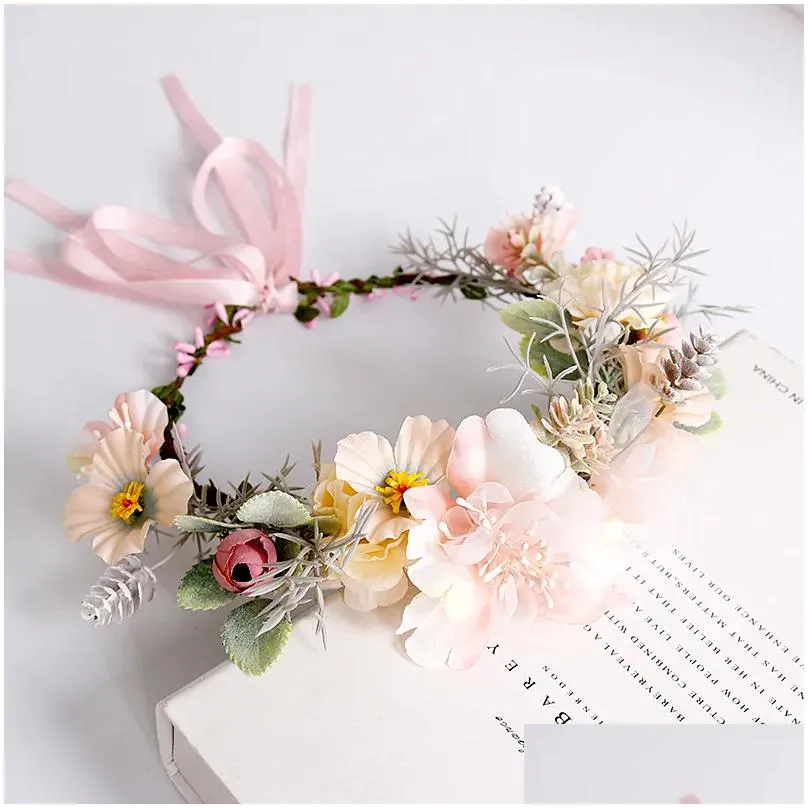 brides festive wreath princess pink ribbon bow tie headband fashionable bridesmaid headdress hh-0039-a