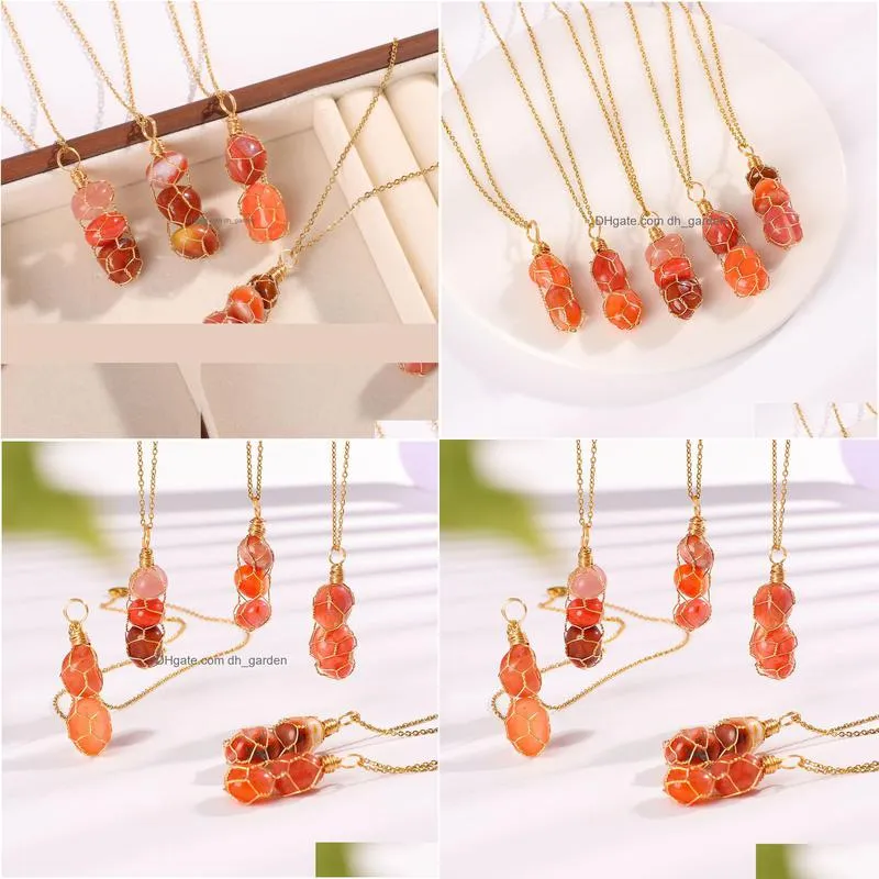 natural irregular red agate chip stone beads pendant gold winding net necklace for women men