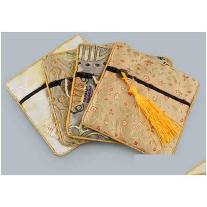 square chinese silk jewelry display packaging pouches zipper wedding party favor gift necklace bracelets pendant bag