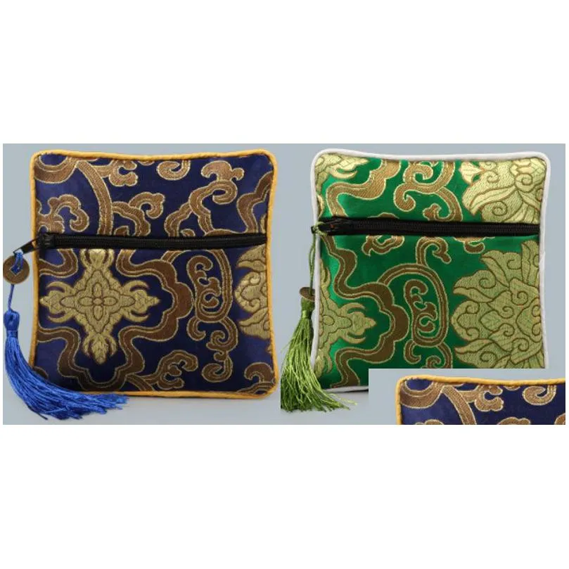 square chinese style embroidery jewelry display packaging pouches zipper wedding party favor gift lucky silk bags