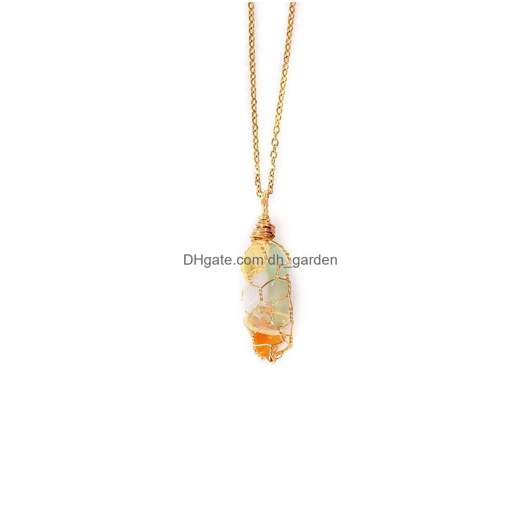 natural irregular chakra agates chip stone beads pendant gold winding net seven colored stones necklace for women men