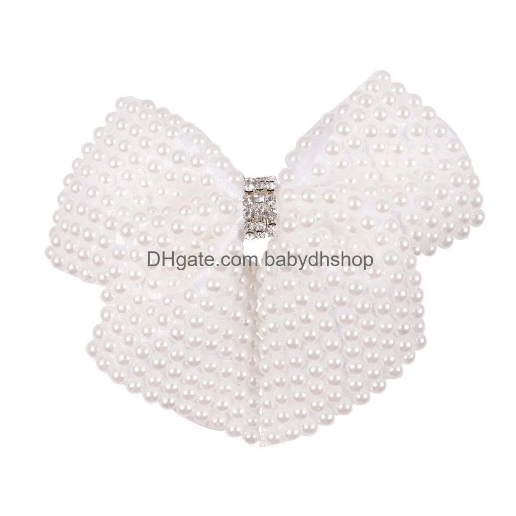 8.9cm pearl hair bows with ribbon hair clips for girls kids boutique layers bling rhinestone center bows hairpins hair accessories