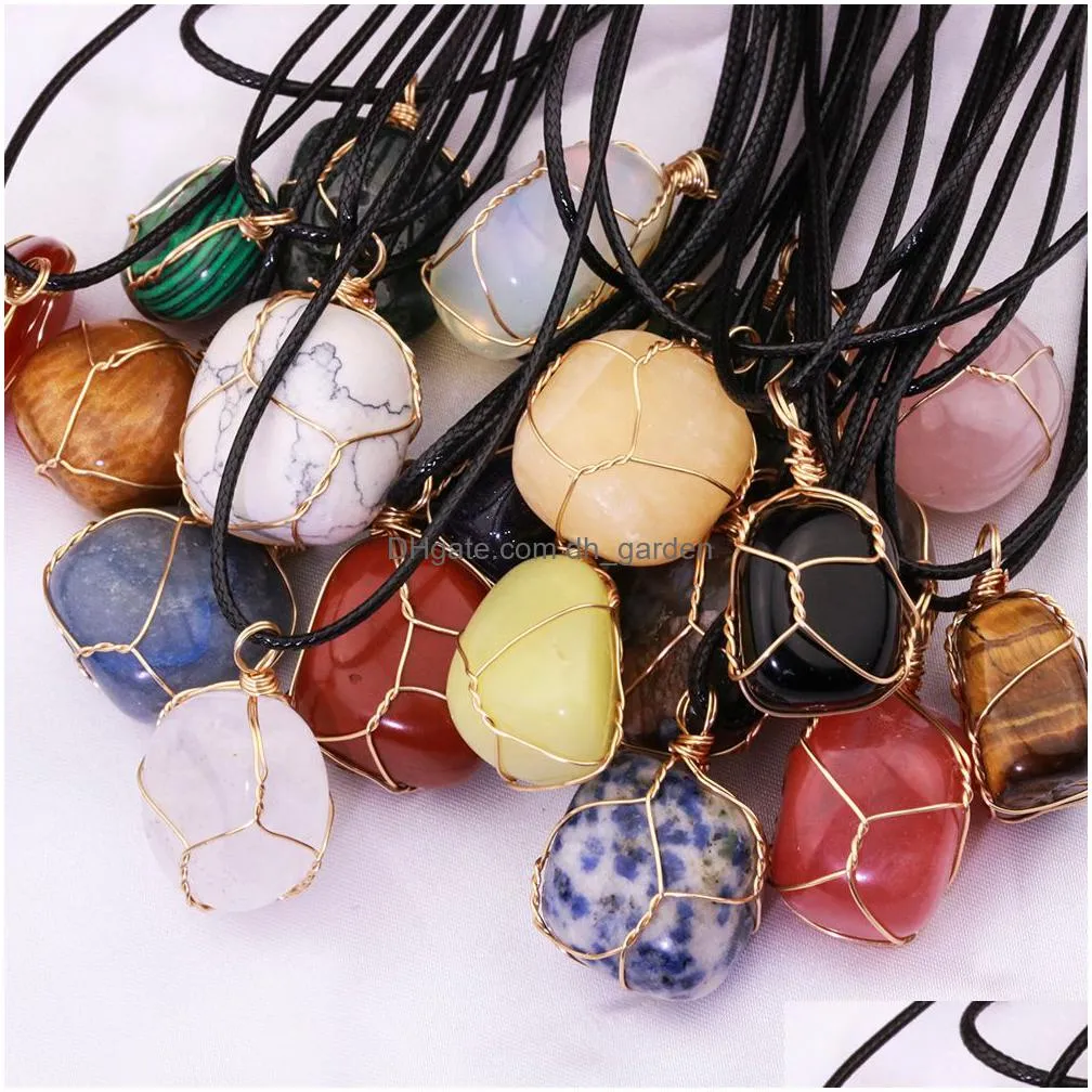 gold silver natural stone wire winding pendant irregular amethyst rose quartz crystal agate necklaces jewelry accessories