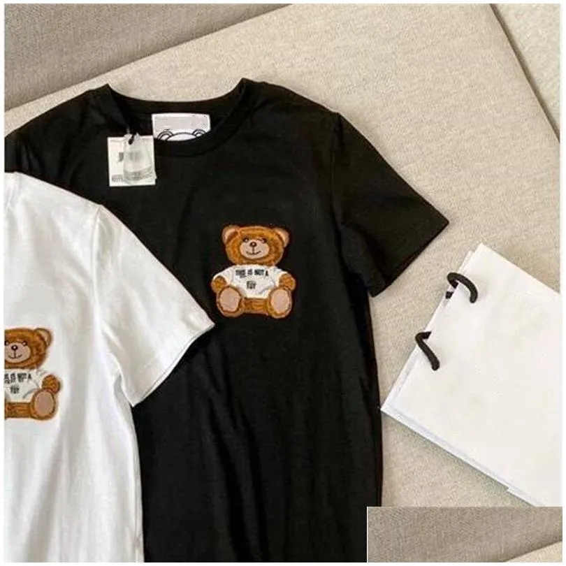 womens tops tees summer t-shirt flocking three-dimensional cartoon bear letter embroidery loose short sleeves for men and women