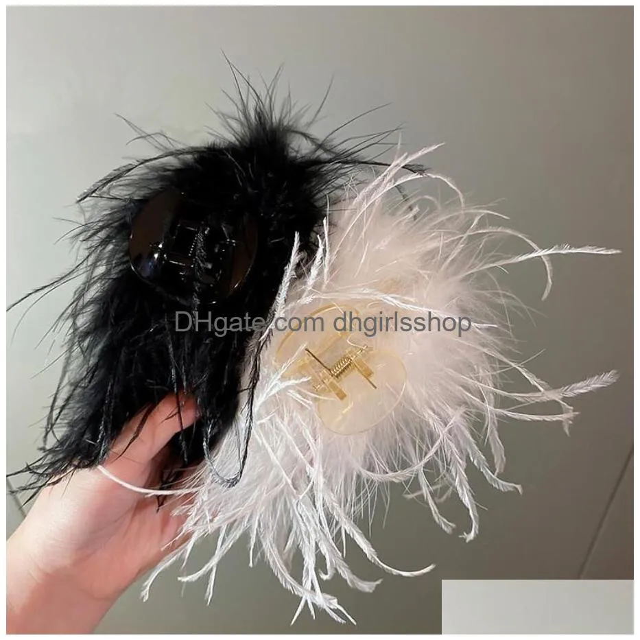 fashion black white ostrich feather barrettes hair claws 2023 autumn winter korean plush fluffy hair clip hairpin female hair