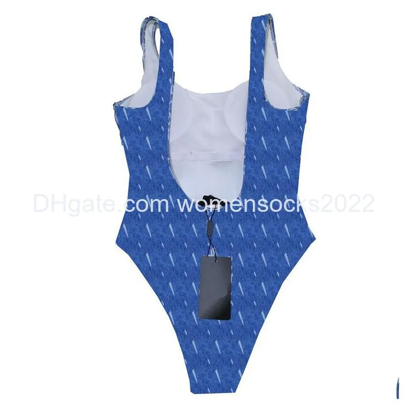 denim letter one piece swimsuit women backless beachwear summer holiday beach bathing suit