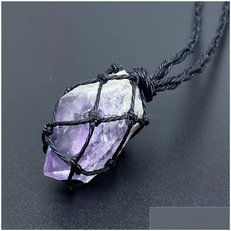 natural amethyst topaz green fluorite raw stone pendant woven net stretchable adjustment rope necklace for women men