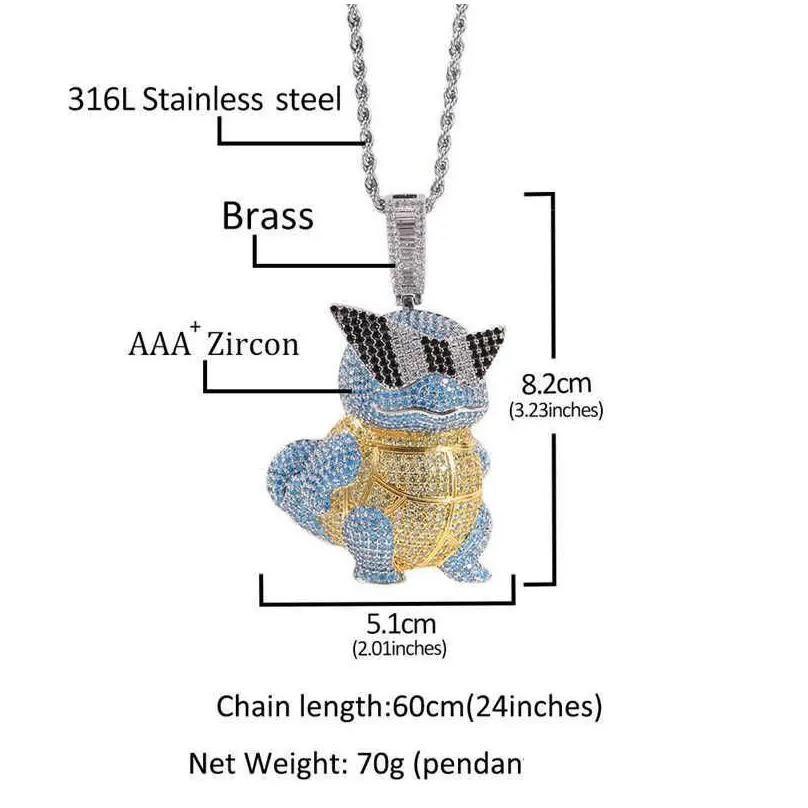 men hop hip ice out anime turtle pendant with tennis chain bling necklace trendy hiphop street jewelry drop h09183403