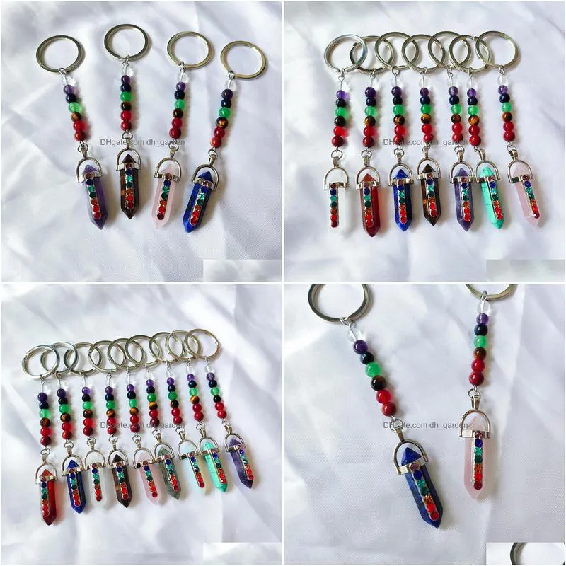 natural stone 7 chakra beads hexagon prism key rings chains keychains healing crystal keyrings for women men bulk