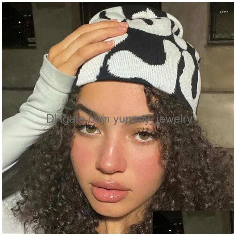 50pcs print berets 2023 knitting beanies hat for women paragraph quality caps for men fashion mea culpa y2k warm fashion hundred take cold for hats shipping wholesale
