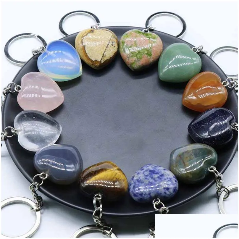natural crystal stone heart shape pendant key rings energy keychains for women men lover valentines day jewelry bag car decor