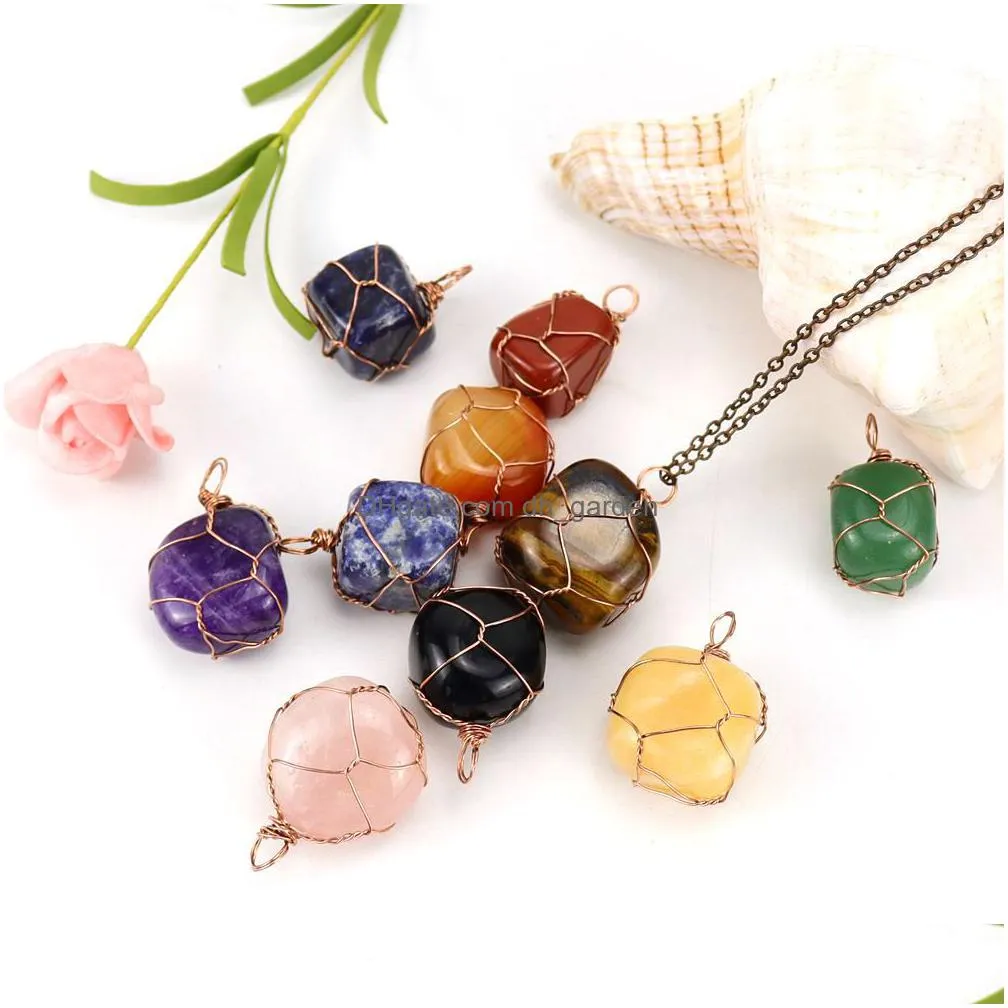 gold silver natural stone wire winding pendant irregular amethyst rose quartz crystal agate necklaces jewelry accessories