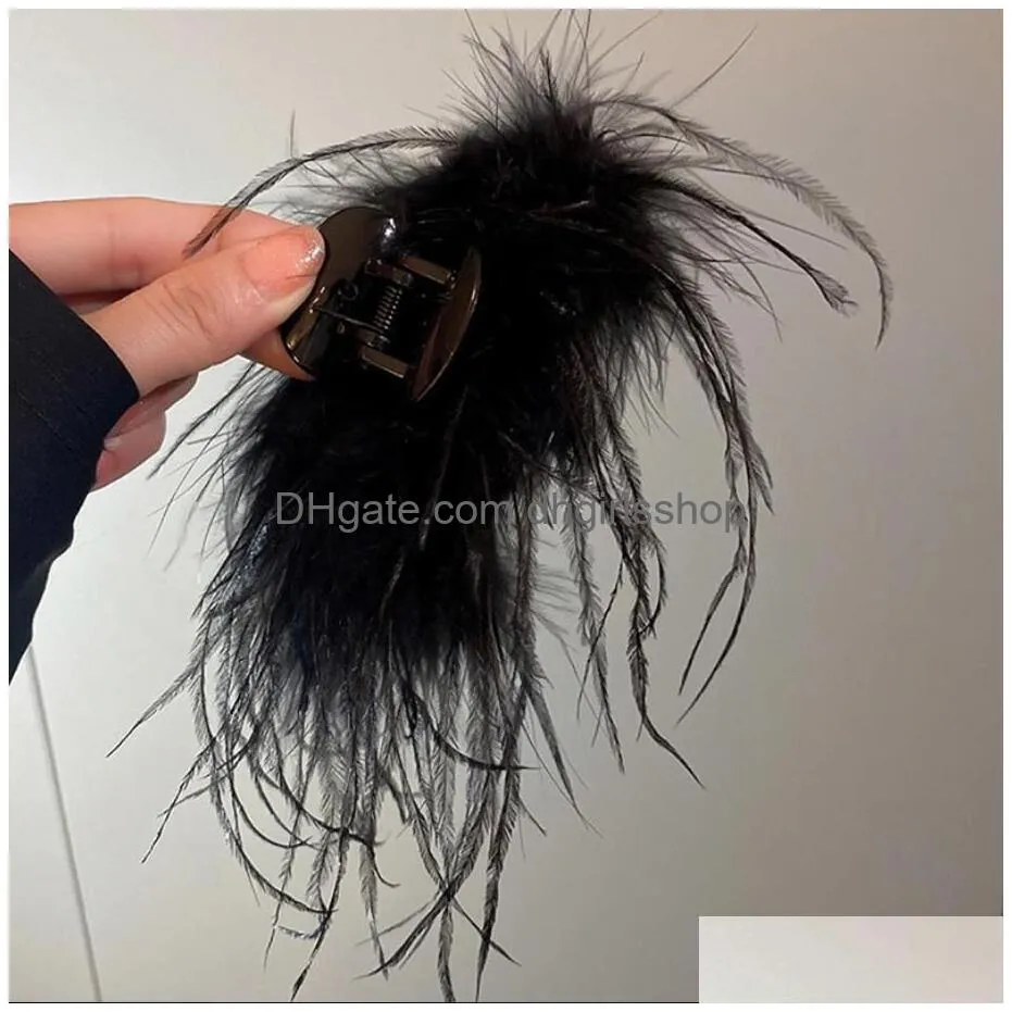 fashion black white ostrich feather barrettes hair claws 2023 autumn winter korean plush fluffy hair clip hairpin female hair