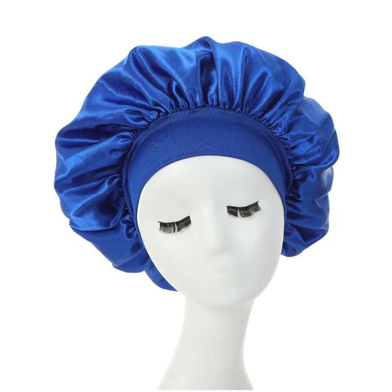 solid color satin wide band elastic night hat women headwear sleep caps bonnet hair care fashion accessories