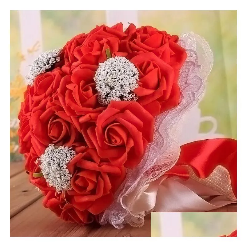 beautiful bridal wedding bouquet all handmade bridal flower wedding bouquets artificial pearls flower rose bouquet with gift 9 colors