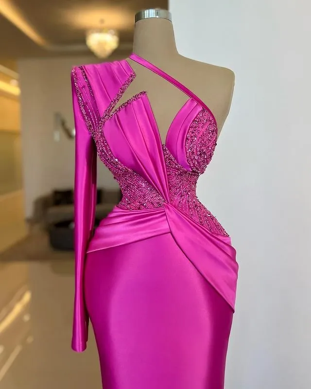 Elegant Fuchsia Satin Sheath Celebrity Evening Dresses Gorgeous Sequins Beading Arabic Aso Ebi One Shoulder Long Sleeve Formal Party Gowns Fitted Prom Dress CL2638