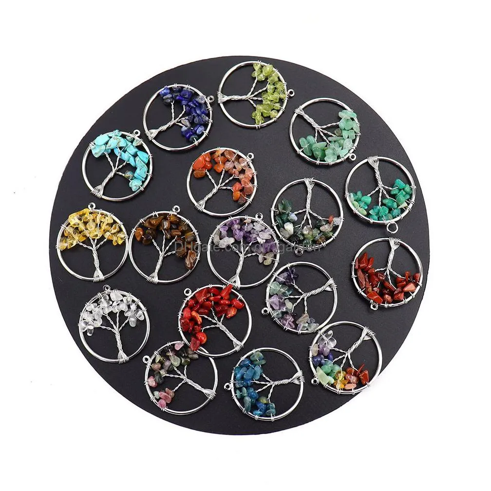 100pcs natural wire wrap tree of life healing chip stone crystal pendant 7 chakra stone pendant crystal necklace women men jewelry