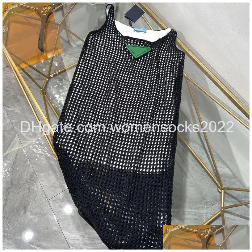 summer hollow out knit dresses triangle label decoration dress with lining women breathable designer sleeveless knitted dresses