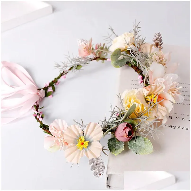 brides festive wreath princess pink ribbon bow tie headband fashionable bridesmaid headdress hh-0039-a
