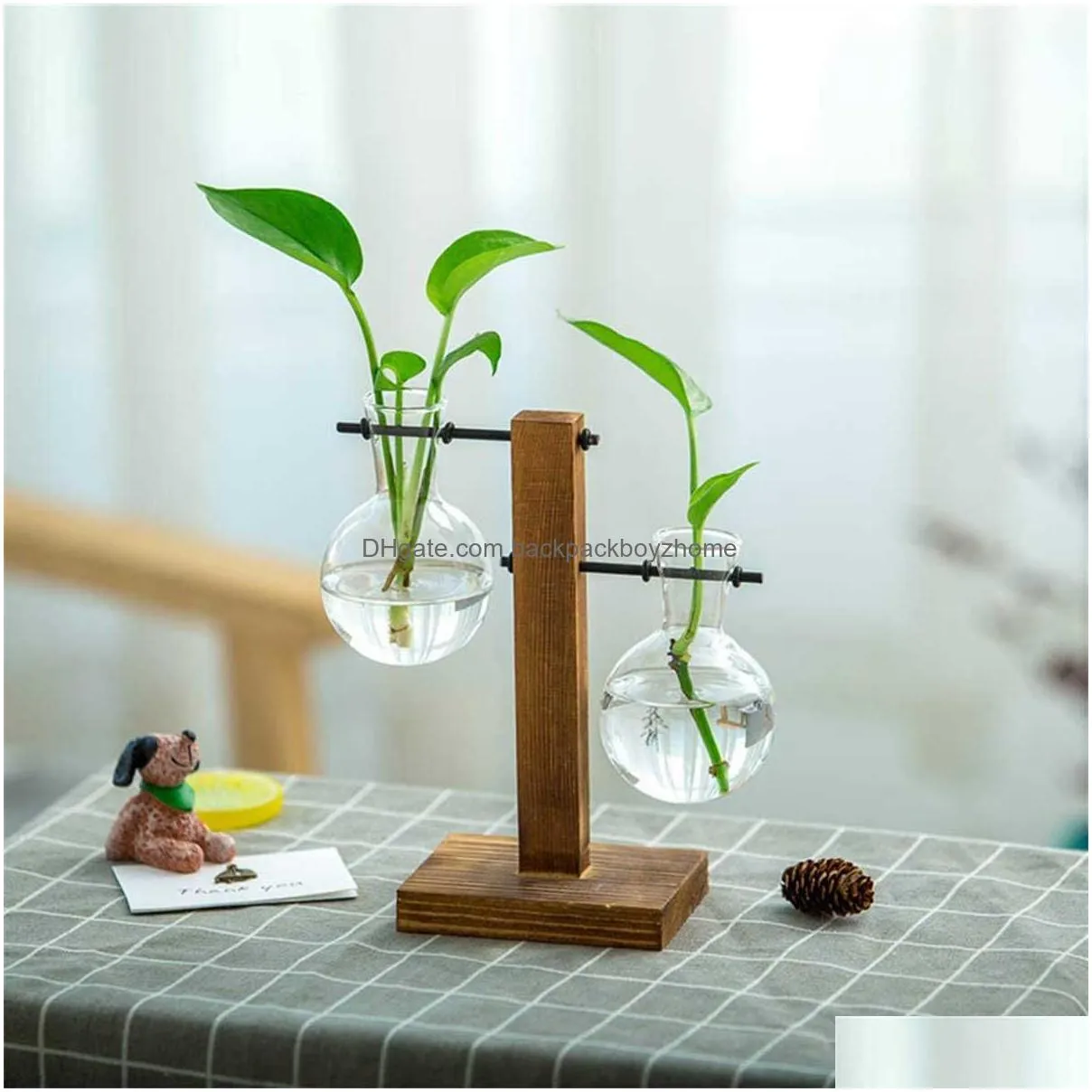 new hydroponics glass vase plant glass container transparent vase with wooden shelf desktop plant home office decoration
