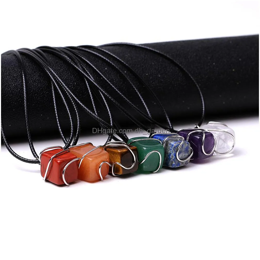 copper wire wind rectangle natural stone pendant for women 7 chakra quartz healing crystal yoga necklaces black rope chain