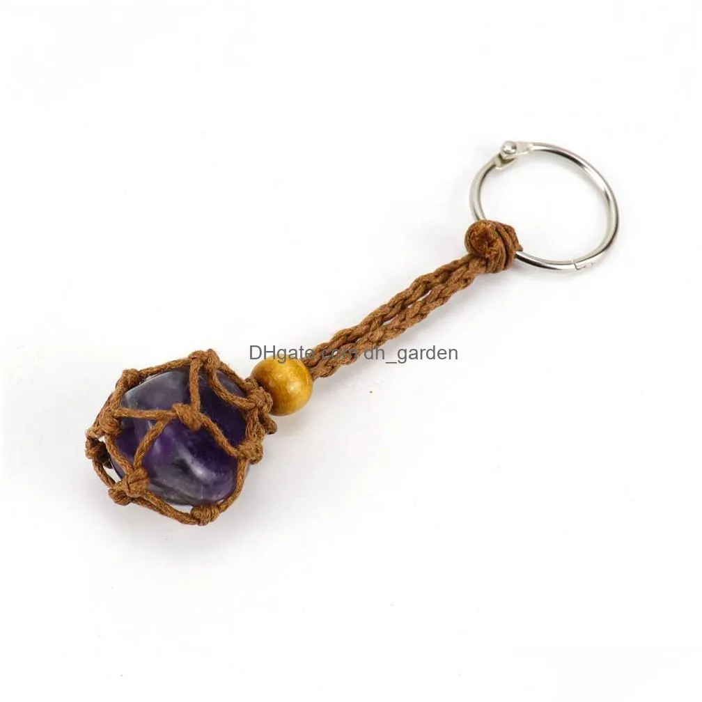 brown adjustable cord wax rope holder key rings natural quartz crystal healing stone net bag keychain pendant size 1.5-2.3cm