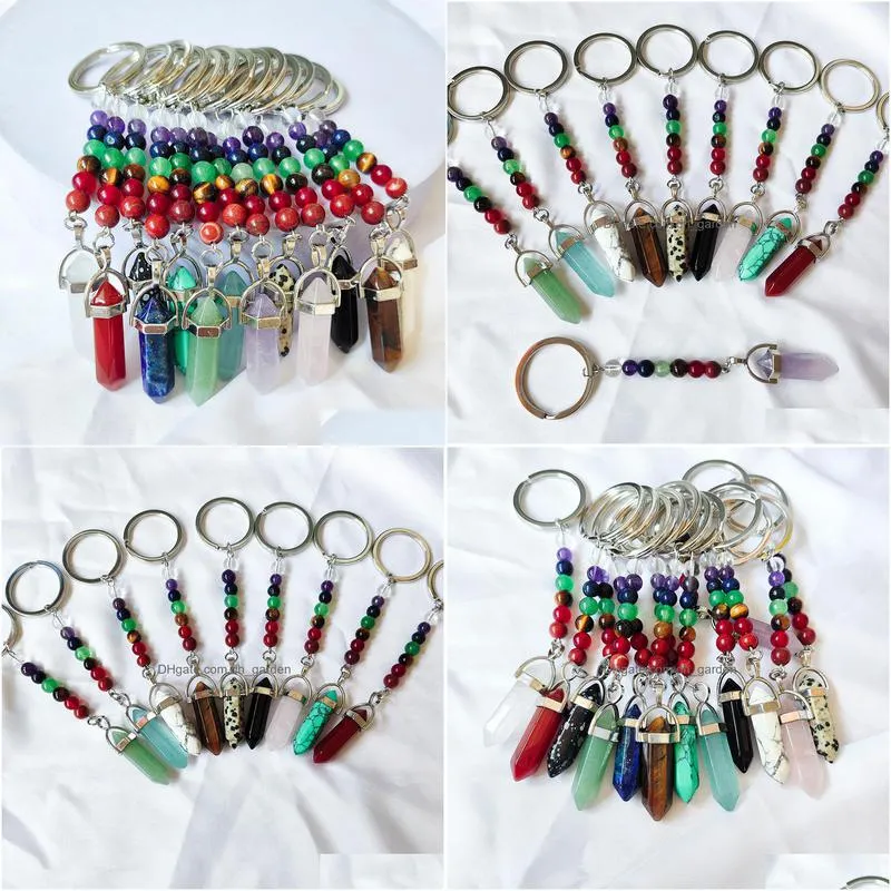 natural stone 7 chakra beads hexagon prism key rings chains keychains healing crystal keyrings for women men