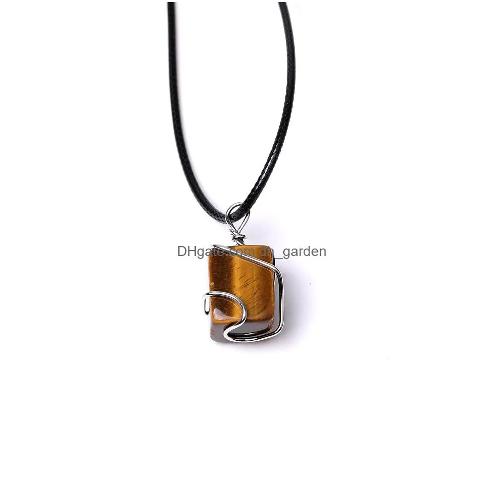 copper wire wind rectangle natural stone pendant for women 7 chakra quartz healing crystal yoga necklaces black rope chain