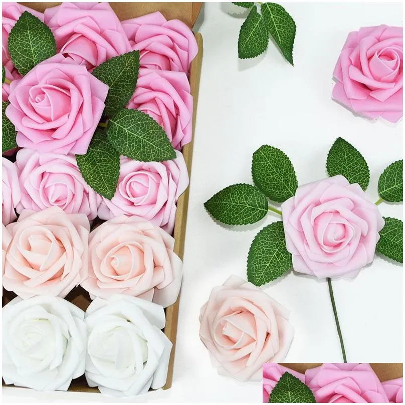 25pcs/box artificial flowers blush roses realistic fake roses w/stem for diy wedding party bouquets baby shower home decorations