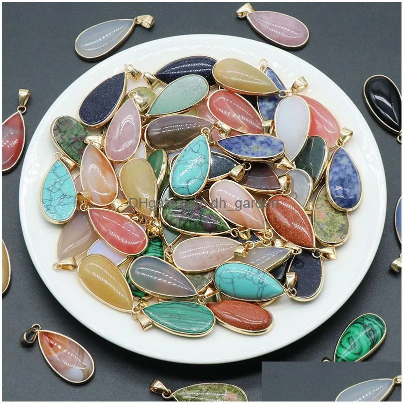 natural crystal stone gold plated water drop aventurine rose quartz tigers eye opal agate pendants diy necklace jewelry making