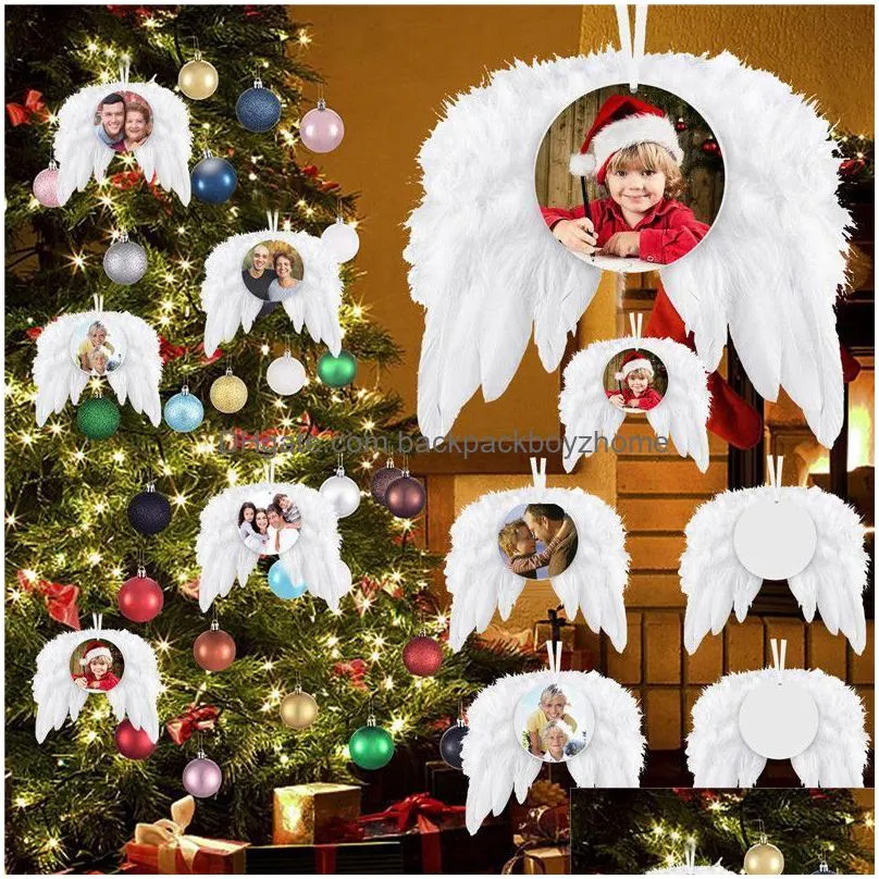ups heat transfer angel wings ornament christmas decoration feathers pendant round aluminium sheet diy christmas tree hanging tag