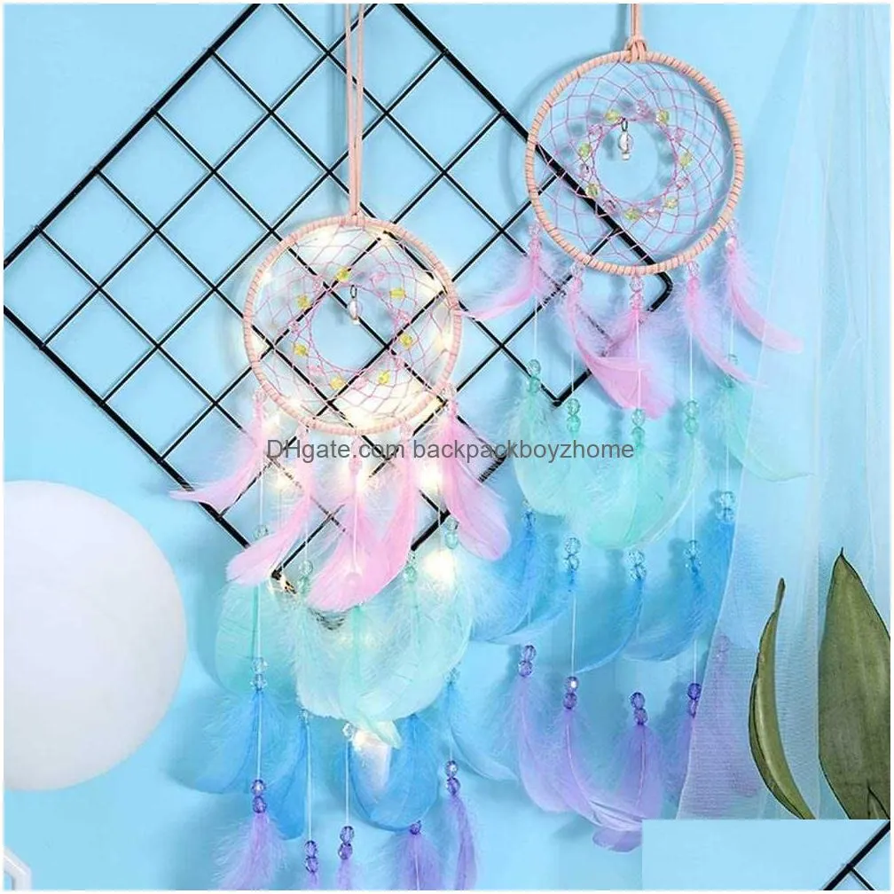 new double circle white feather dream catcher with led fairy light wall hanging decoration for bedroom tent ceiling wedding decor