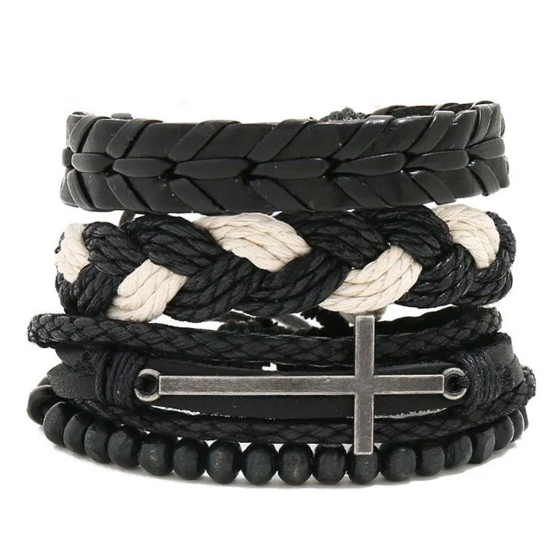 leather rope handmade braided multilayer cross charm bracelets set for men women punk adjustable bangle fashion jewelry
