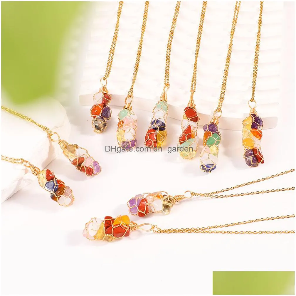 natural irregular chakra agates chip stone beads pendant gold winding net seven colored stones necklace for women men