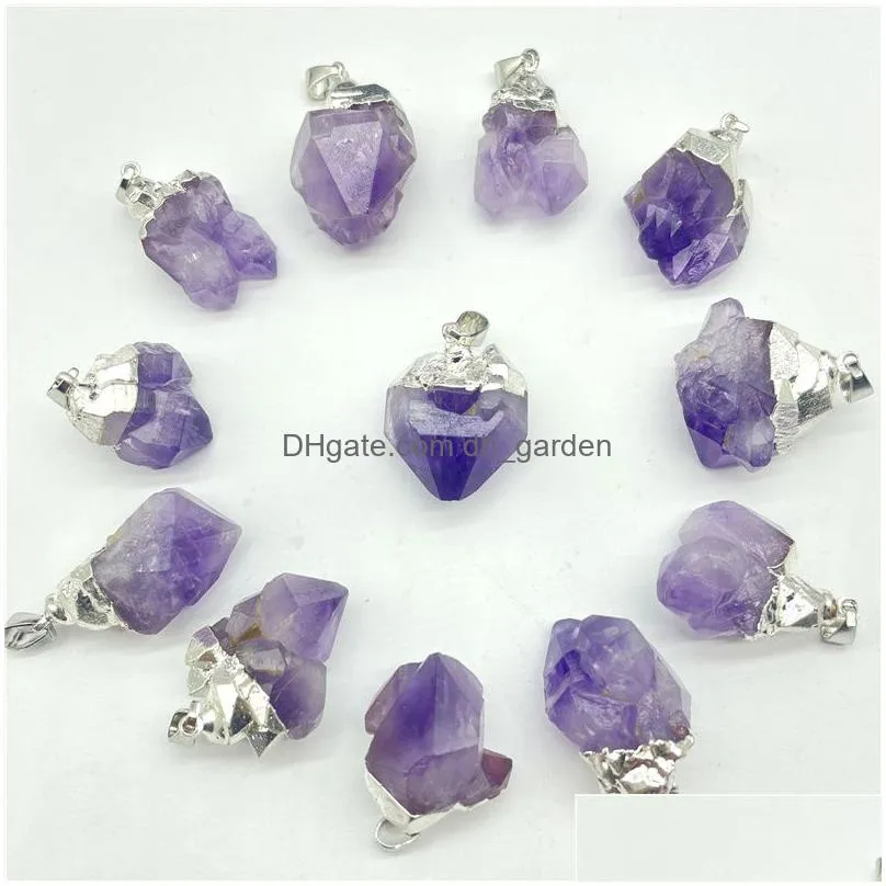 gold silver covered raw amethyst pendant natural gem stone quartz crystal mineral irregular charms for diy jewelry making necklace