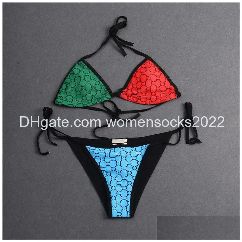 stylish metal letter lace up bikini set ladies summer triangle swimwear full letters printed swimsuit sling elastic backless swimming