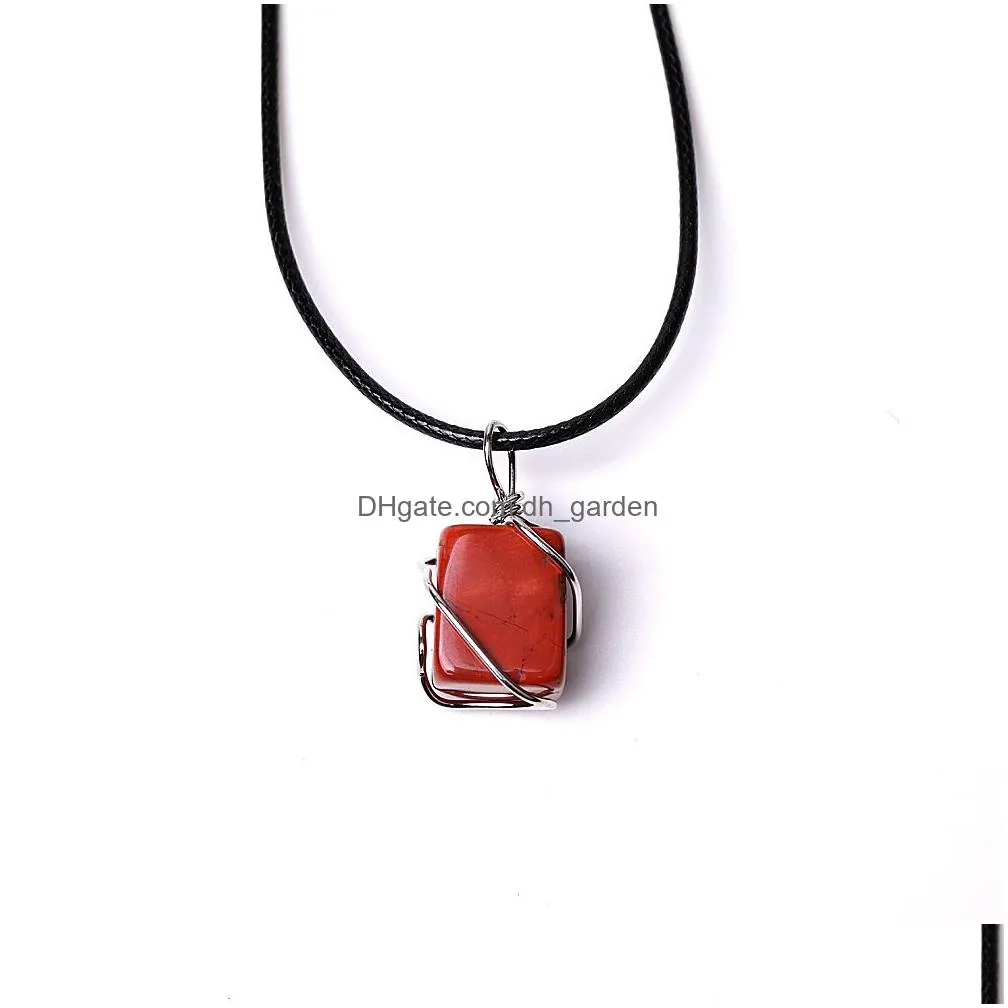 copper wire wind rectangle natural stone pendant for women 7 chakra quartz healing crystal yoga necklaces black rope chain